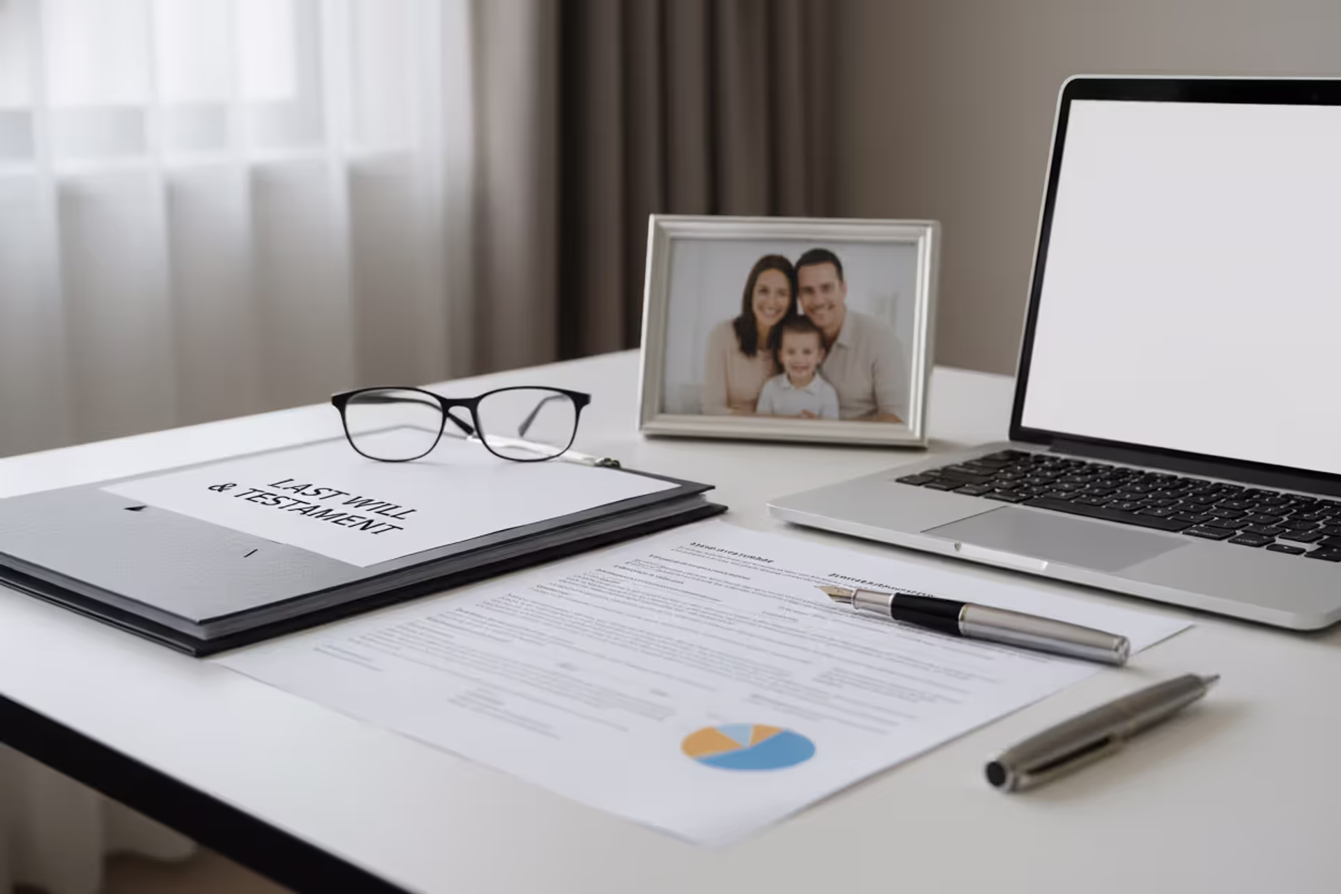 Estate planning documents on a desk with a family photo