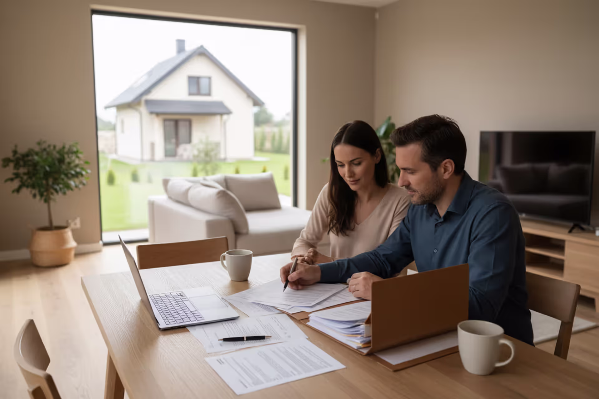 Couple reviewing estate planning documents at kitchen table
