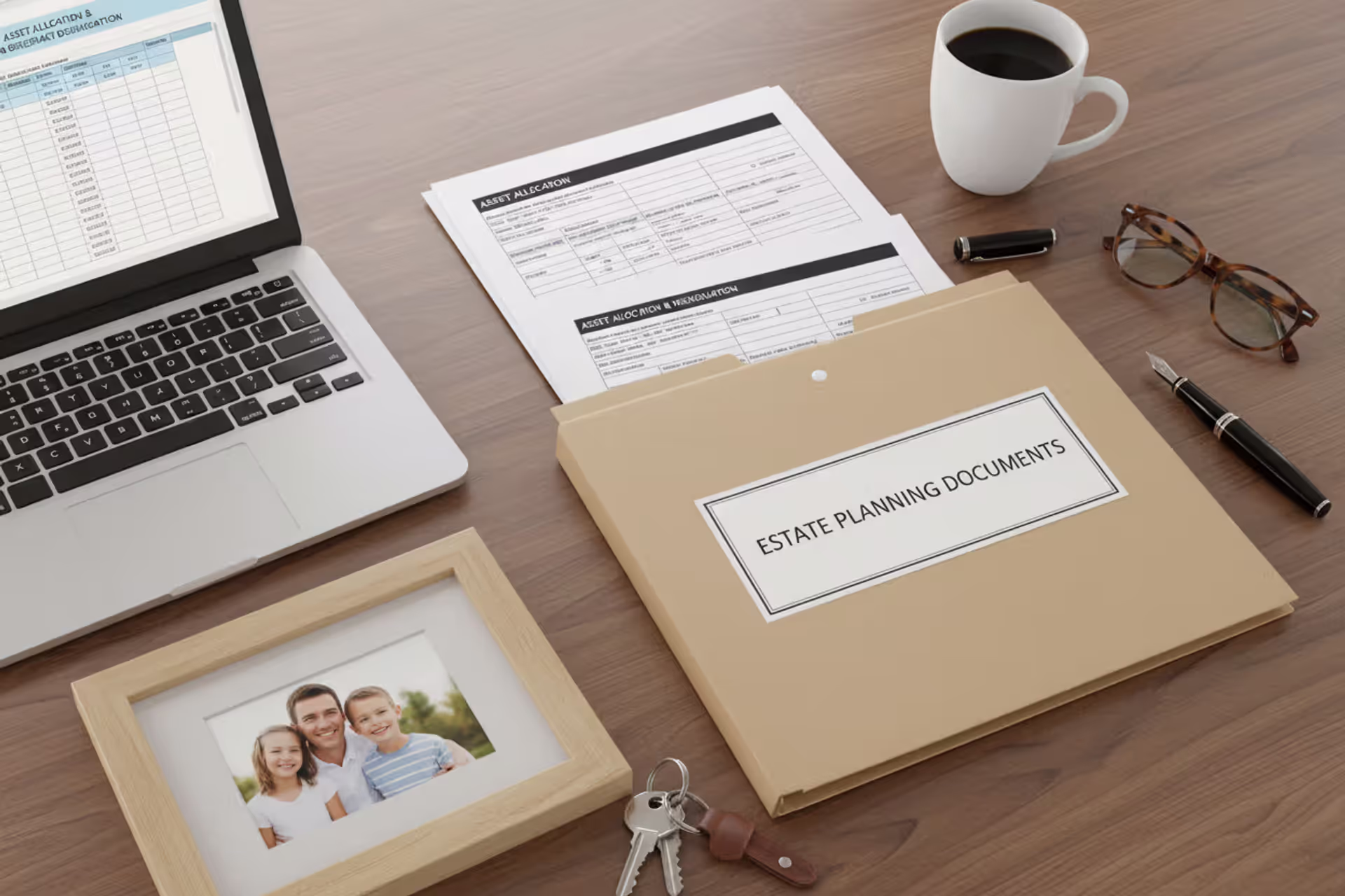 Estate planning documents, house keys, laptop, and family photo on a desk