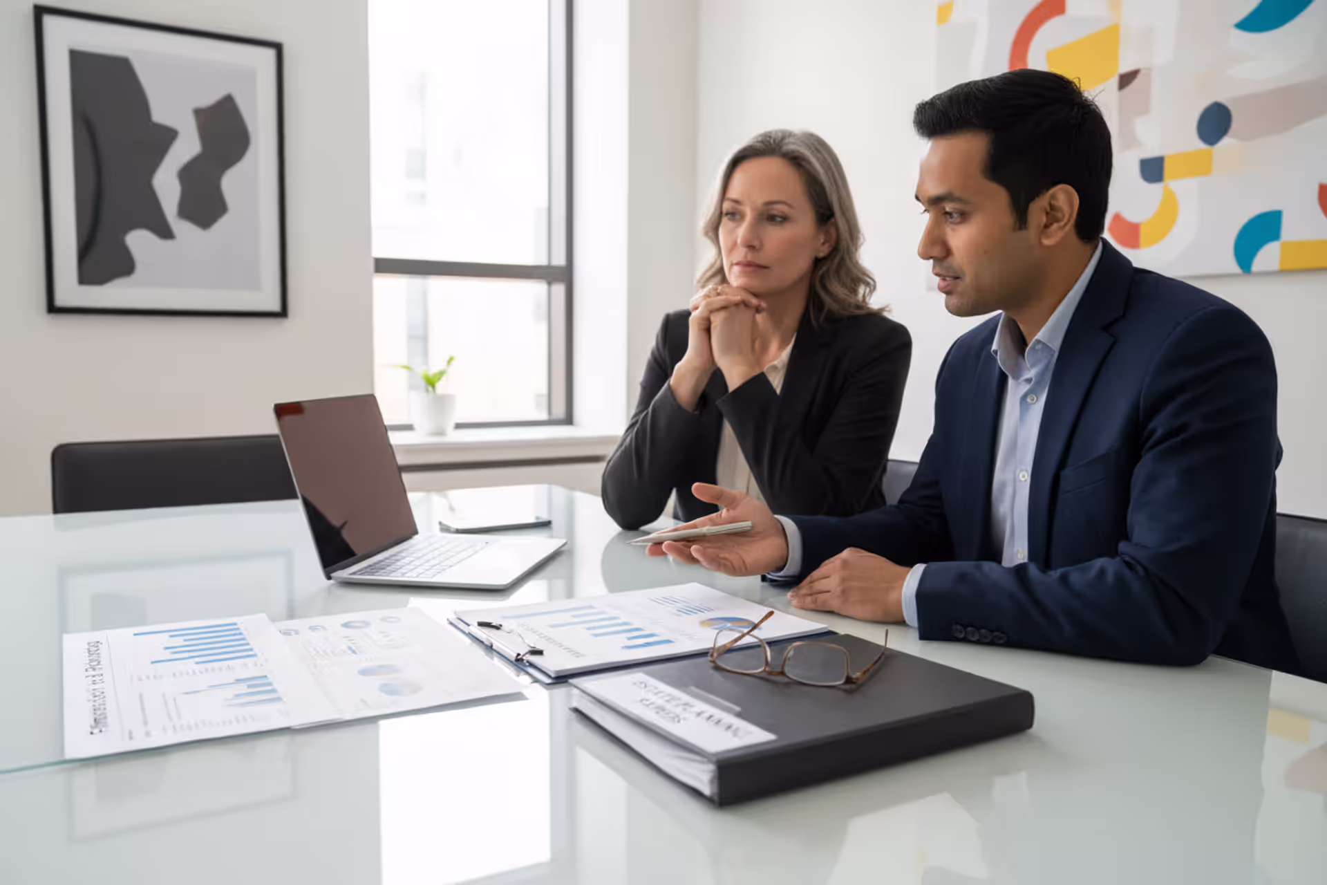 Financial advisor discussing financial and estate planning with a couple at an office desk