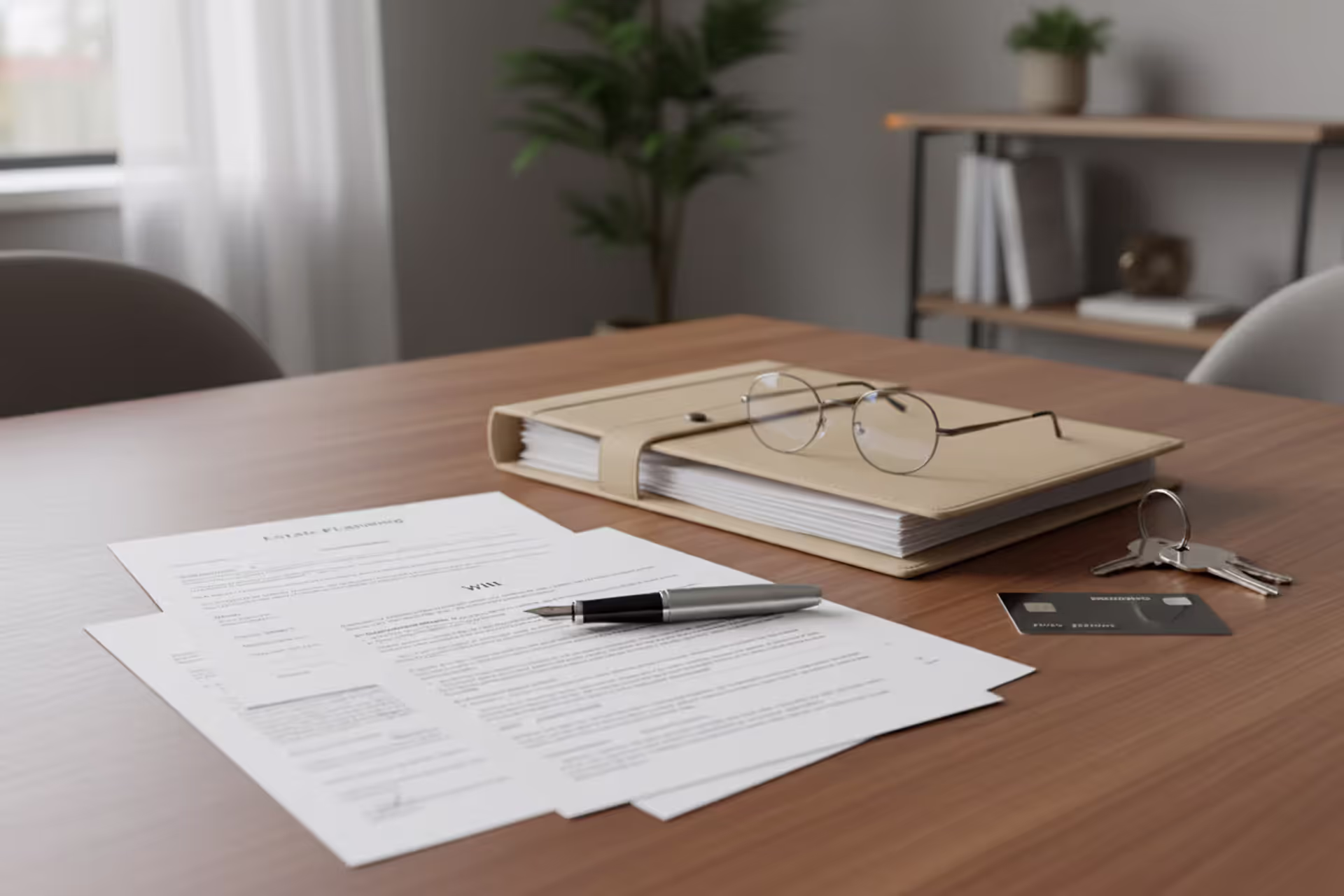 Estate planning documents on a desk with house keys and a bank card