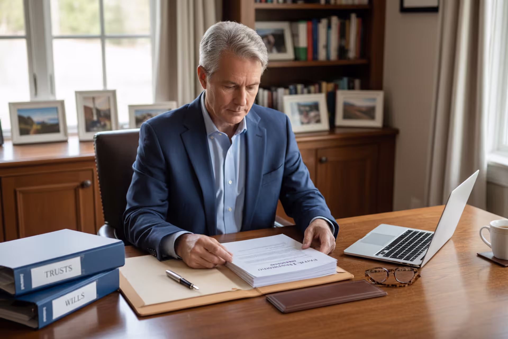 Person reviewing estate planning documents at home
