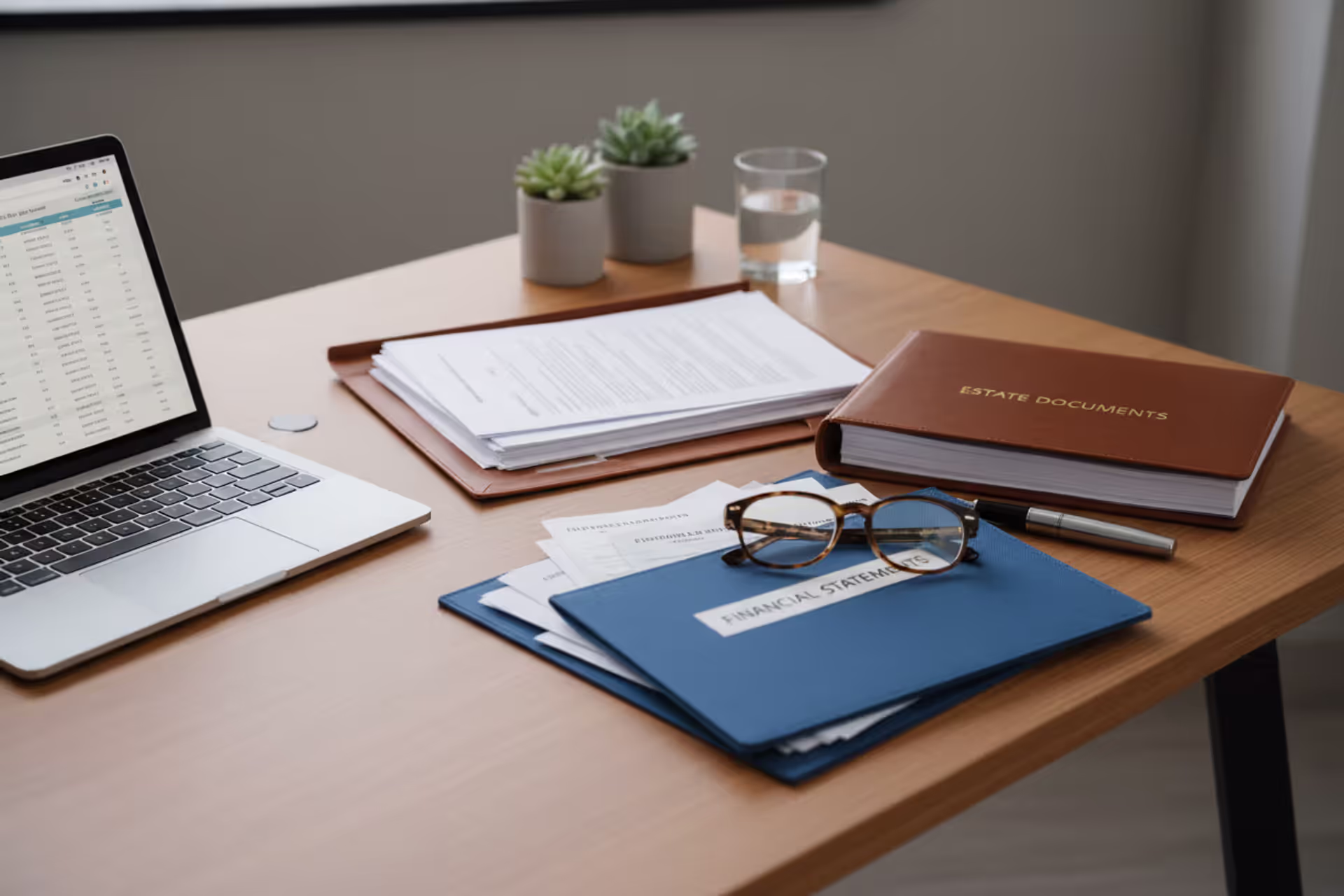 Estate planning documents organized on a desk with laptop and paperwork