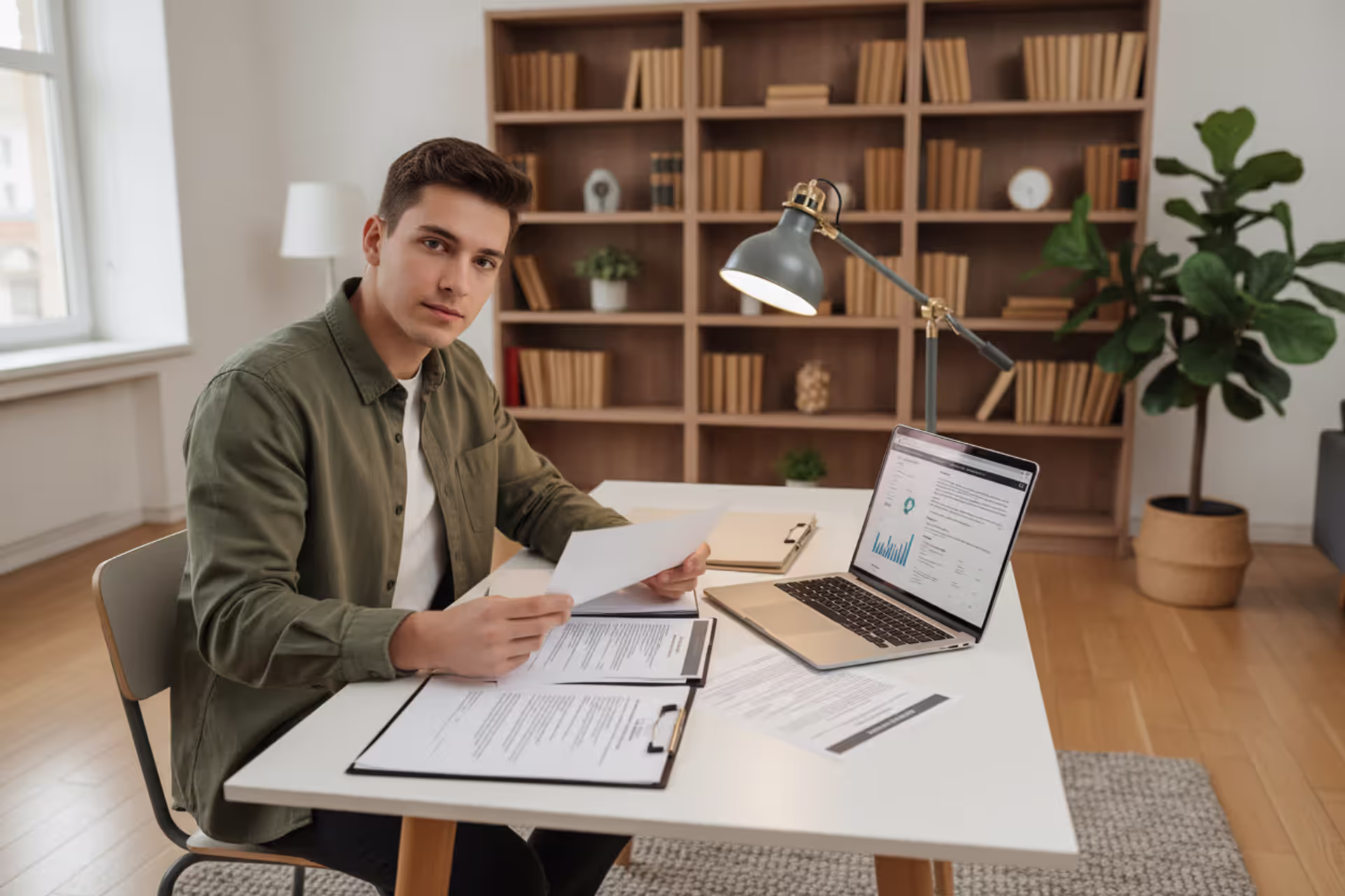 Young single adult reviewing legal estate planning documents at a modern apartment desk with warm lighting