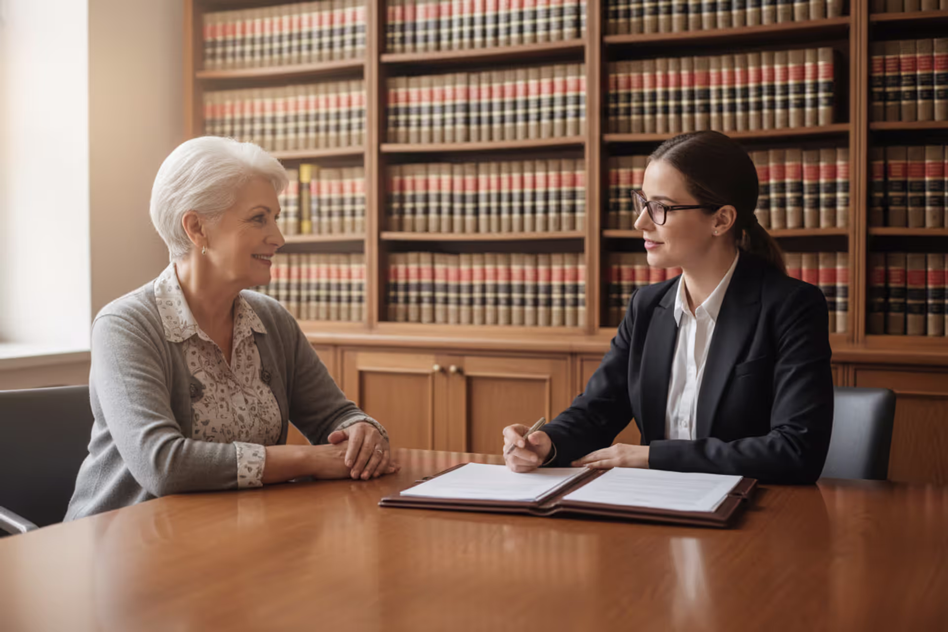Elderly couple consulting with an estate planning attorney at a desk with legal documents in a professional office