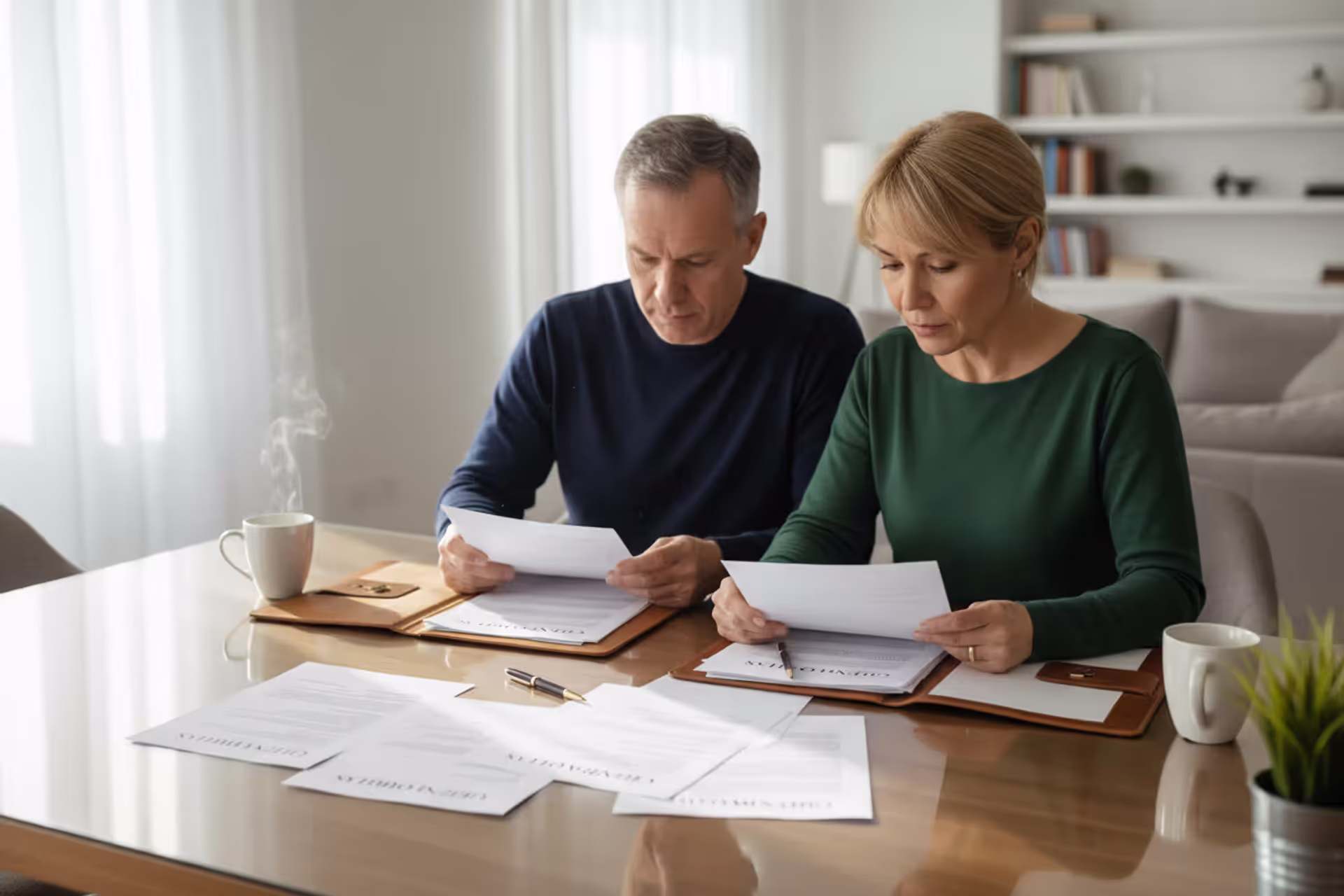 Middle-aged couple sitting at a table reviewing legal documents together in a bright living room with coffee mugs and natural lighting
