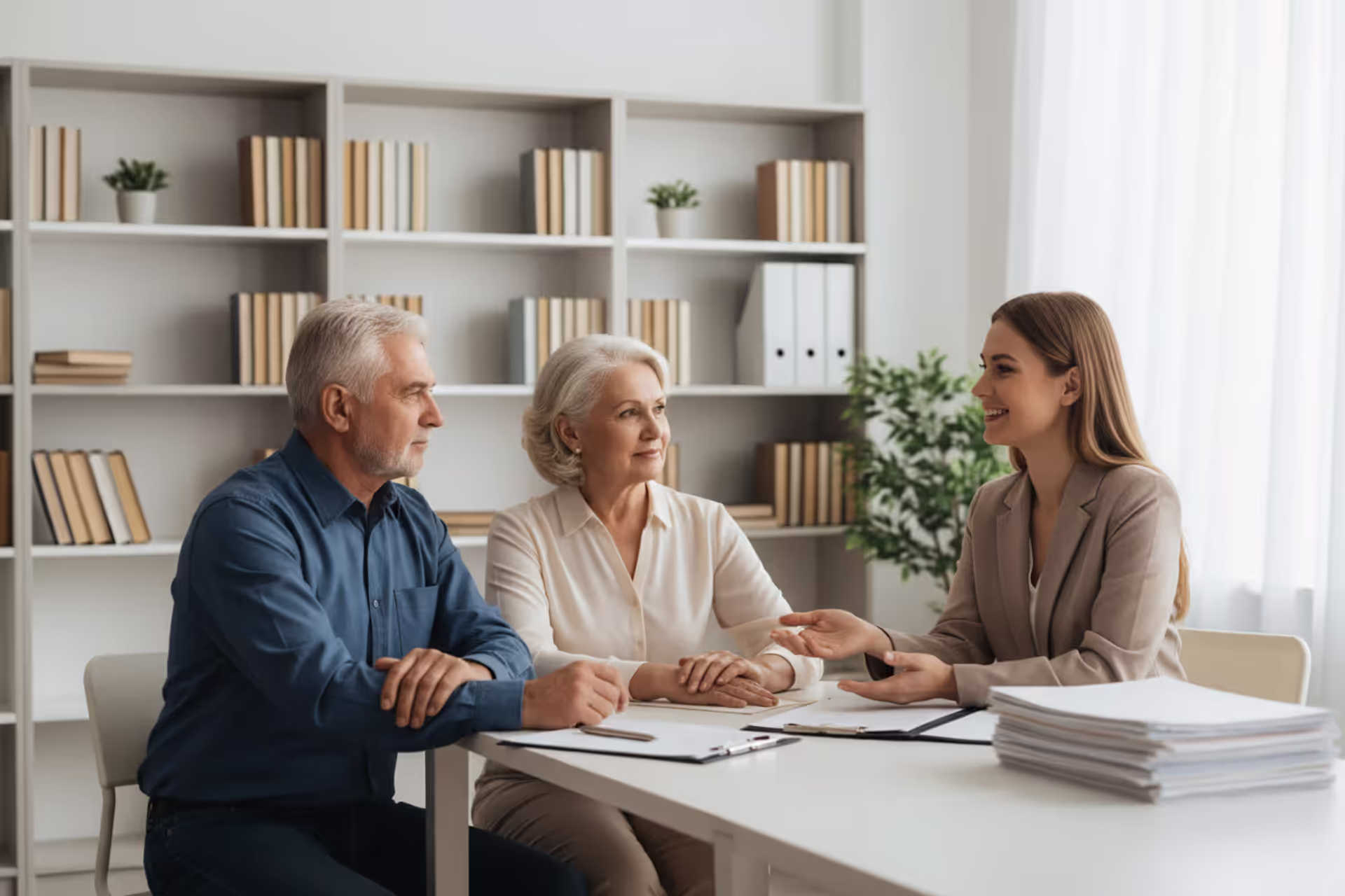 Elderly couple sitting with a professional advisor in a bright modern office discussing estate planning documents