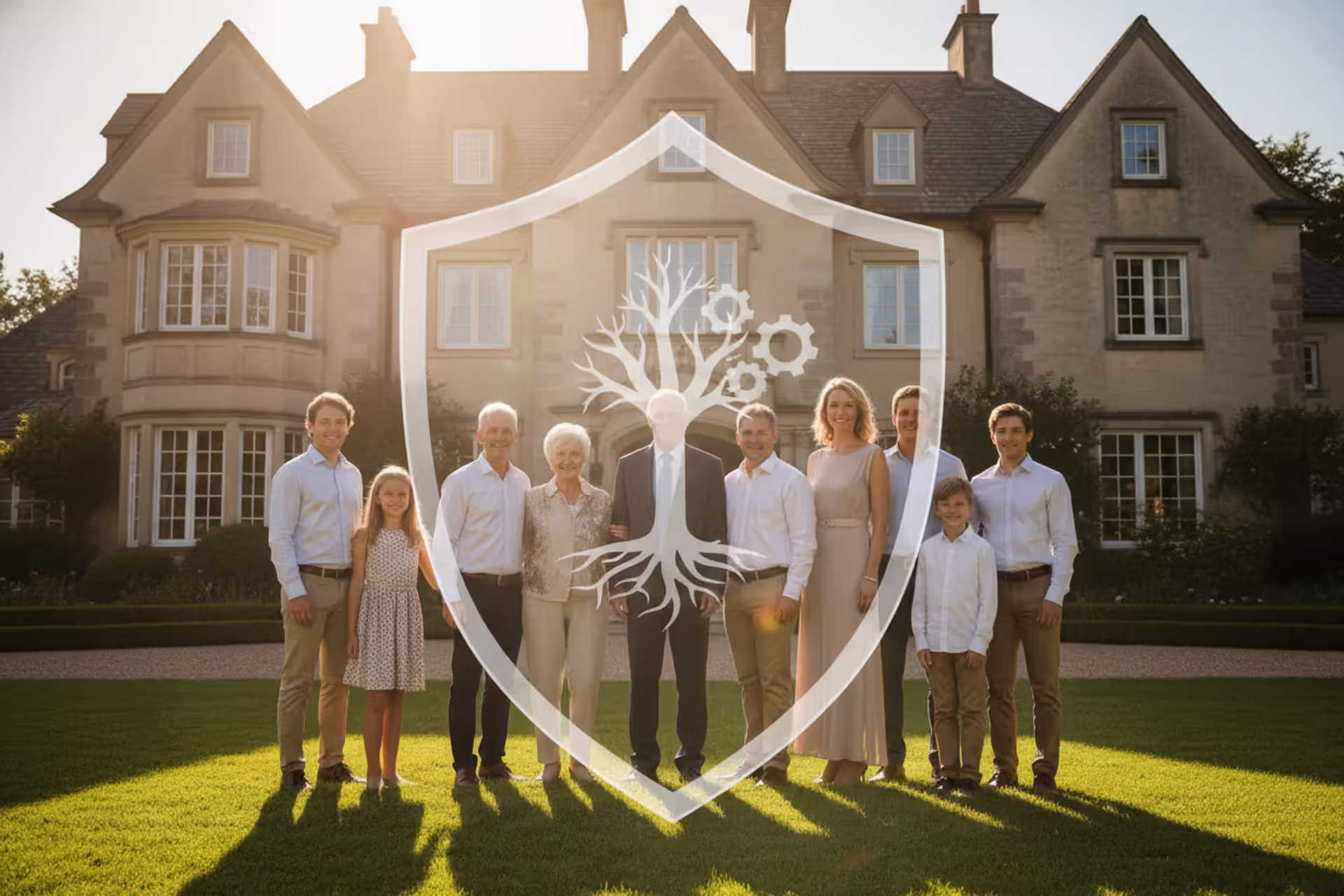 Multigenerational family standing in front of a large house with a translucent protective shield symbol surrounding the property