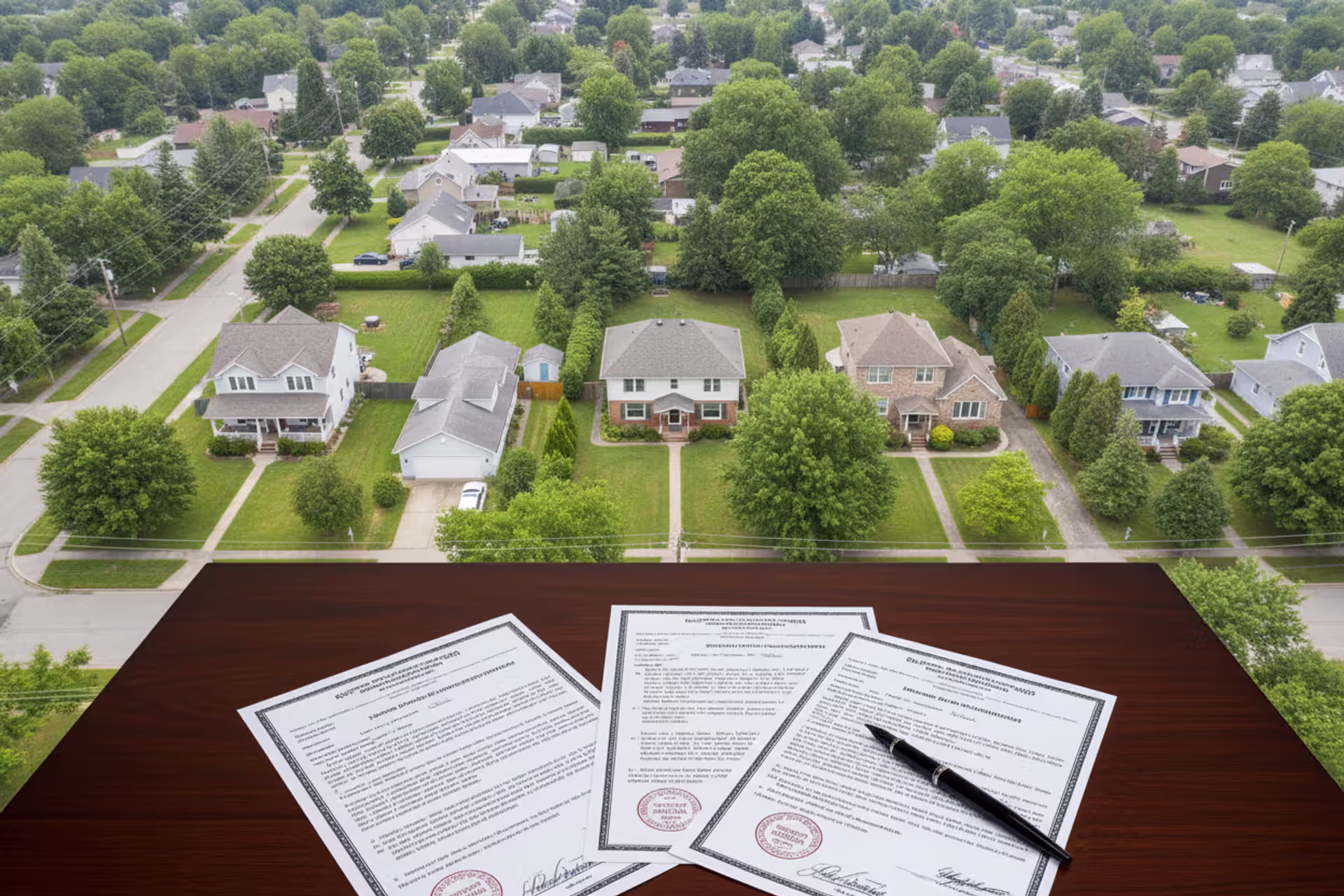 Aerial view of a residential neighborhood with several houses and legal documents with a pen on a wooden desk in the foreground