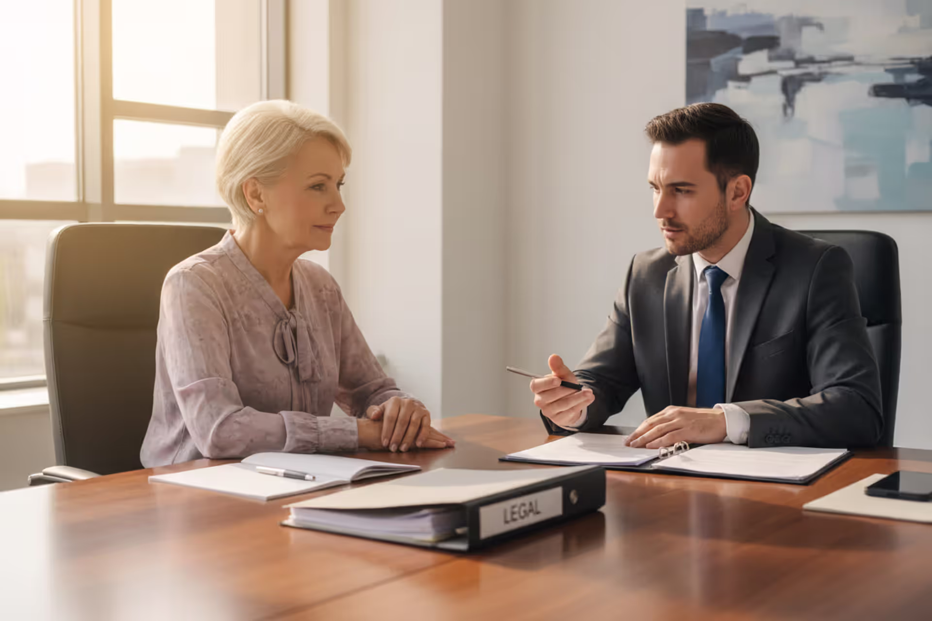 Elderly couple consulting with an elder law attorney in a modern office with legal documents on the desk