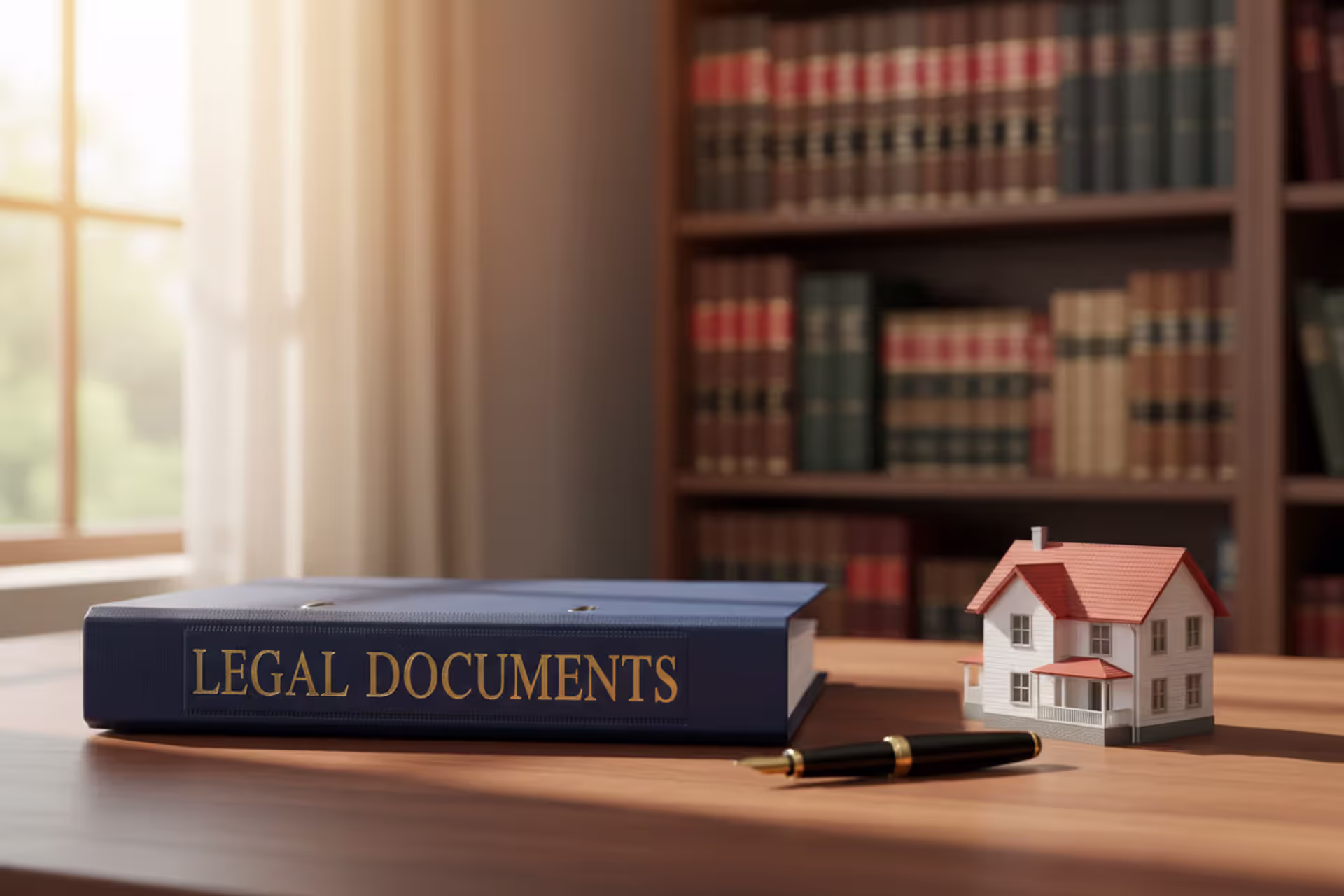 Legal trust documents in a folder on a wooden desk next to a pen and a small house model in a bright home office