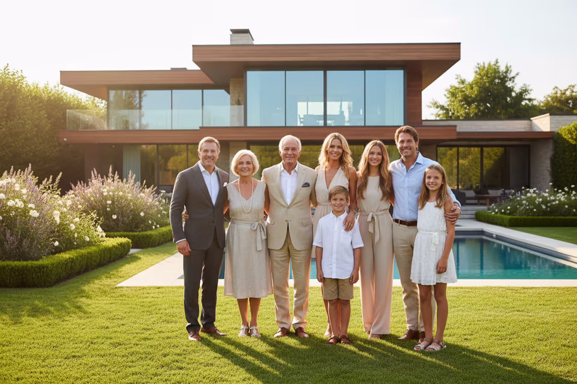 Wealthy multigenerational family standing together in front of a modern luxury estate home on a sunny day