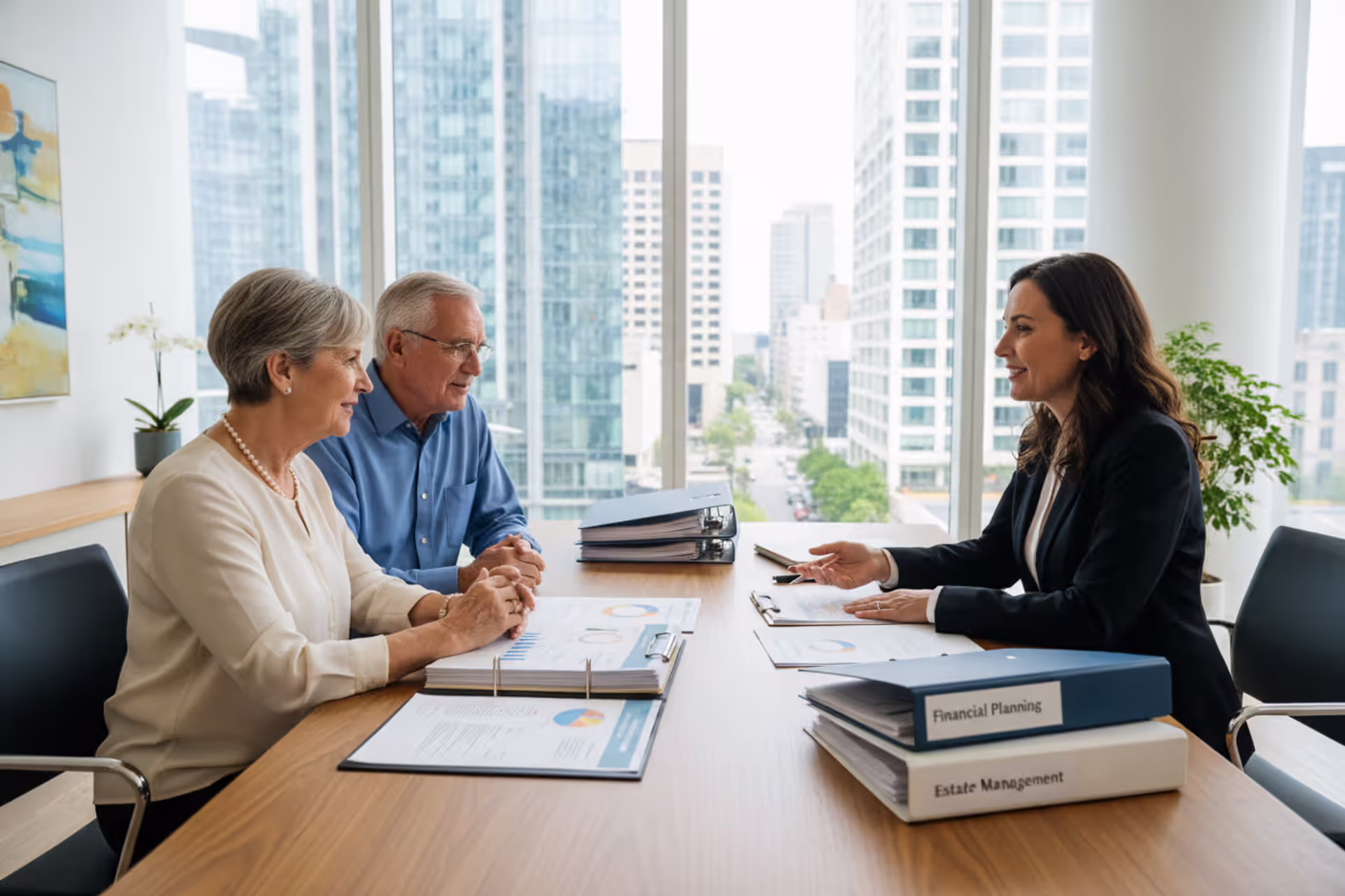 Mature married couple consulting with an estate planning attorney in a modern office with documents on the desk