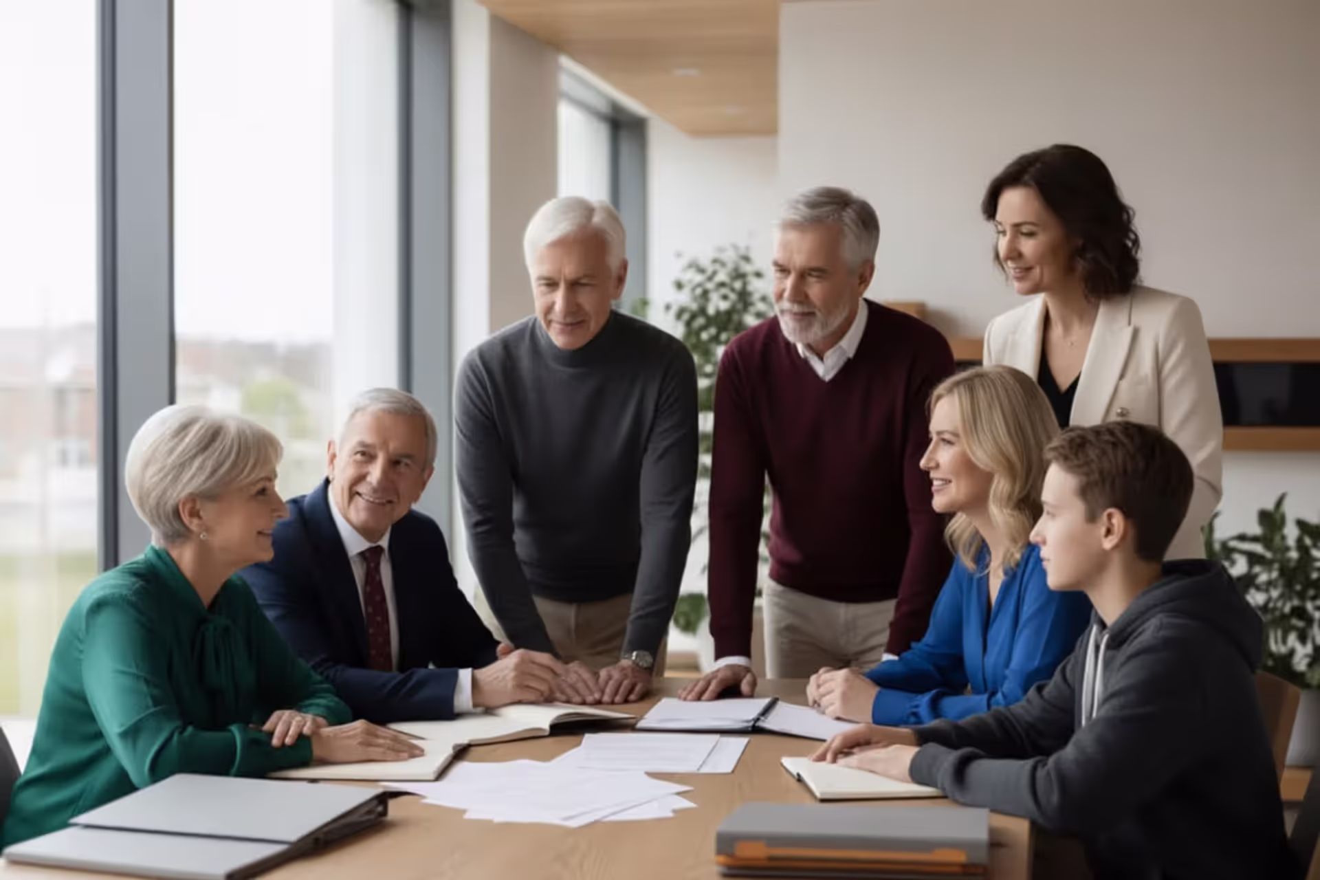 Multigenerational family sitting together at a table with estate planning documents in a bright modern home