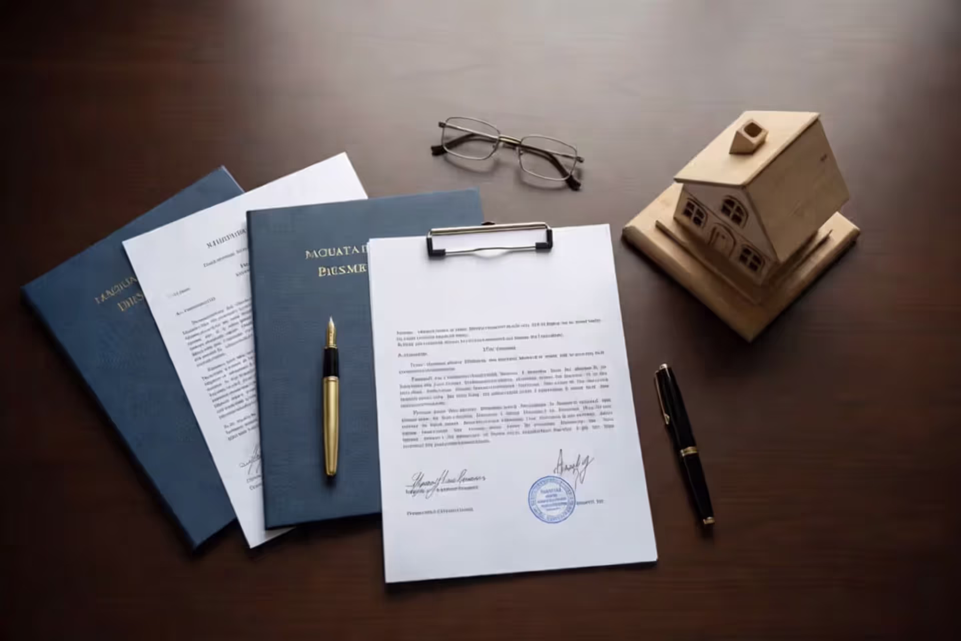 Dark wooden desk with legal documents in blue covers, fountain pen, glasses, and a small decorative wooden house model representing estate planning and living trust concept